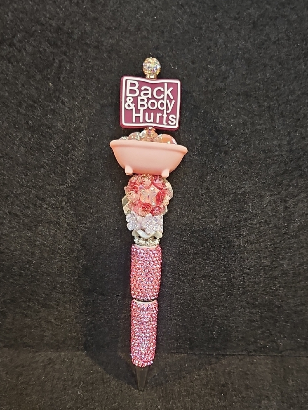 Body Hurts Funny Spa Tub Beaded Pen | Pink Rhinestone Glam | Handmade Gift